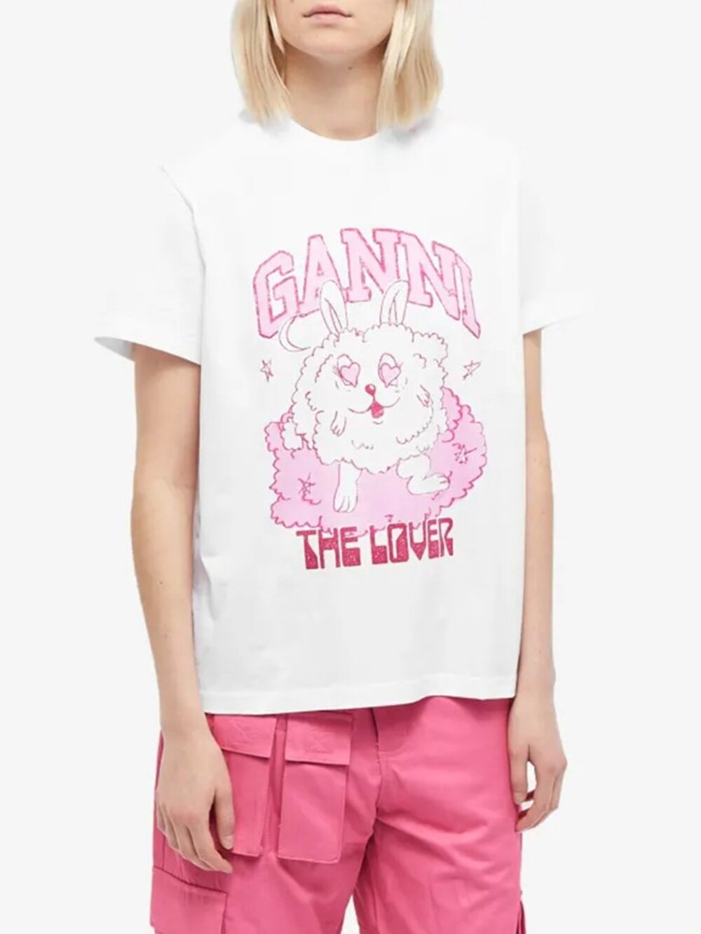 GANNI White Cotton LOVE BUNNY RELAXED Pink Print Knit Jersey Top Tee T-Shirt XS